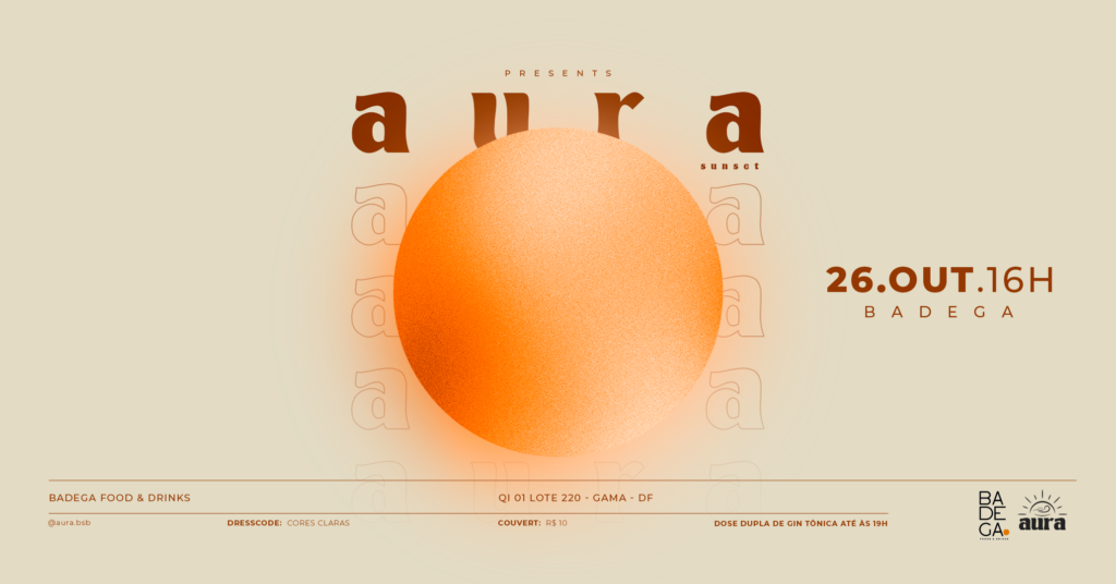 O Aura Sunset voltou com tudo no último sábado, 26 de outubro, no Badega, Gama - DF. Em sua 6ª edição, o evento, com um line-up incrível, transformou o local em um espaço acolhedor para os amantes da música eletrônica. A combinação de drinks especiais, um pôr do sol deslumbrante e a energia contagiante do público fez desta uma noite inesquecível!